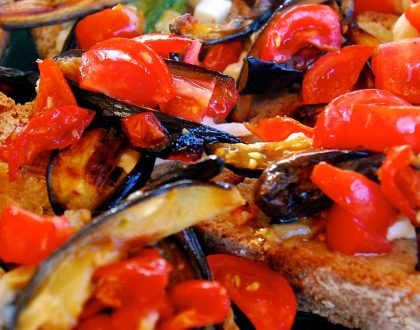 BRUSCHETTA WITH ROASTED EGGPLANTS, TOMATOES AND MOZZARELLA