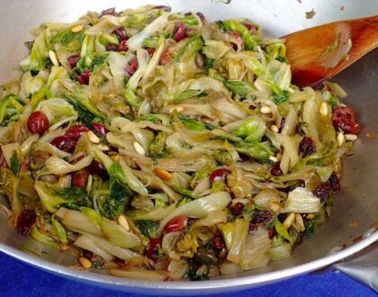 Sautéed escarole with olive, raisins, pine nuts, and capers