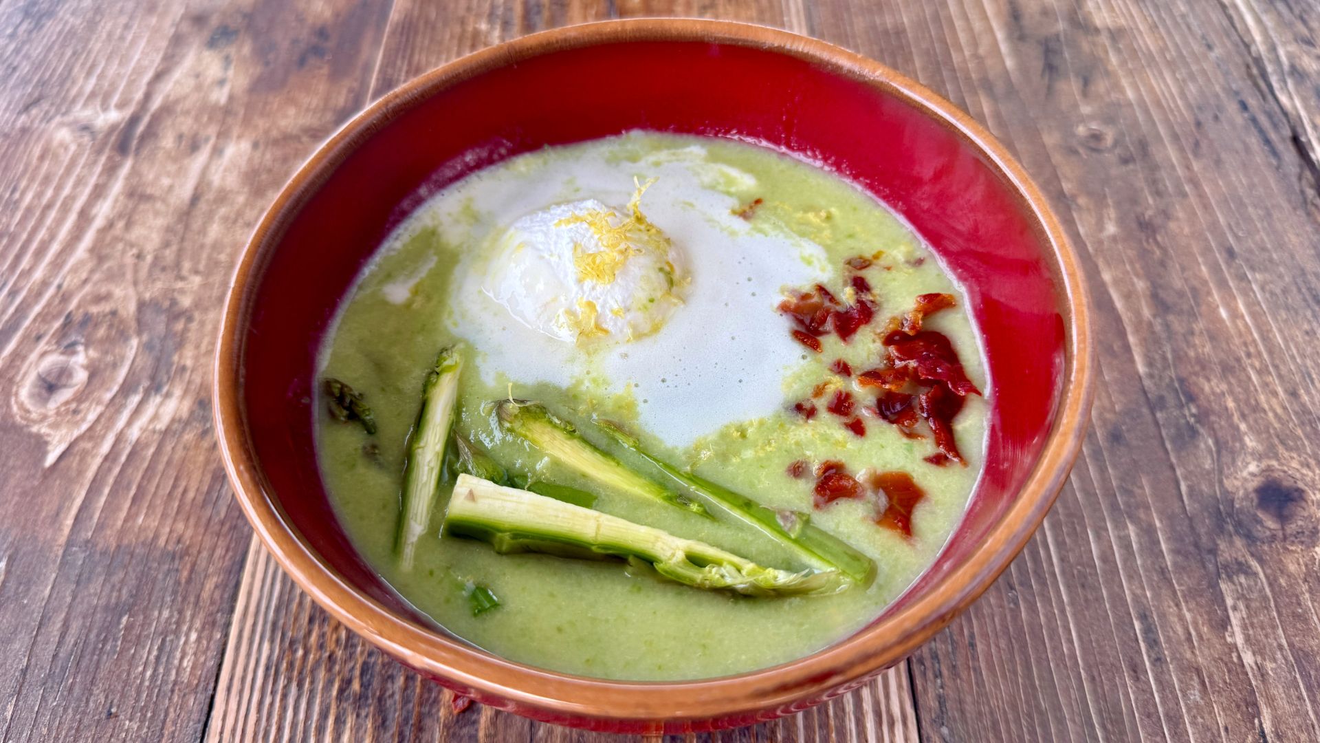 Creamy Asparagus Soup with Lemony Whipped Cream & Prosciutto