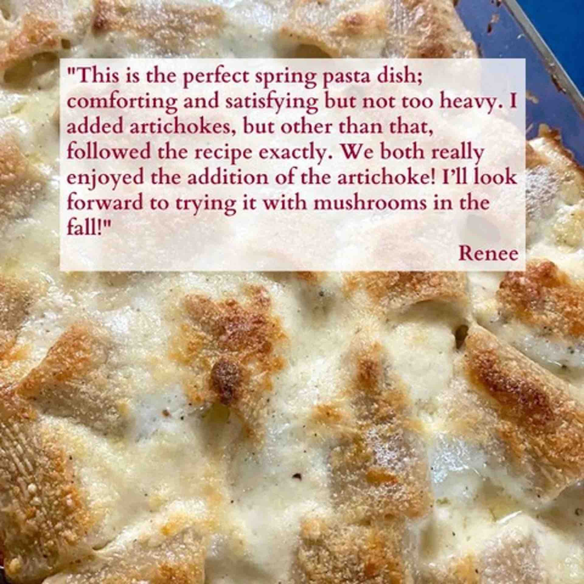 Baked pasta with artichokes and creamy sauce Italian comfort dish