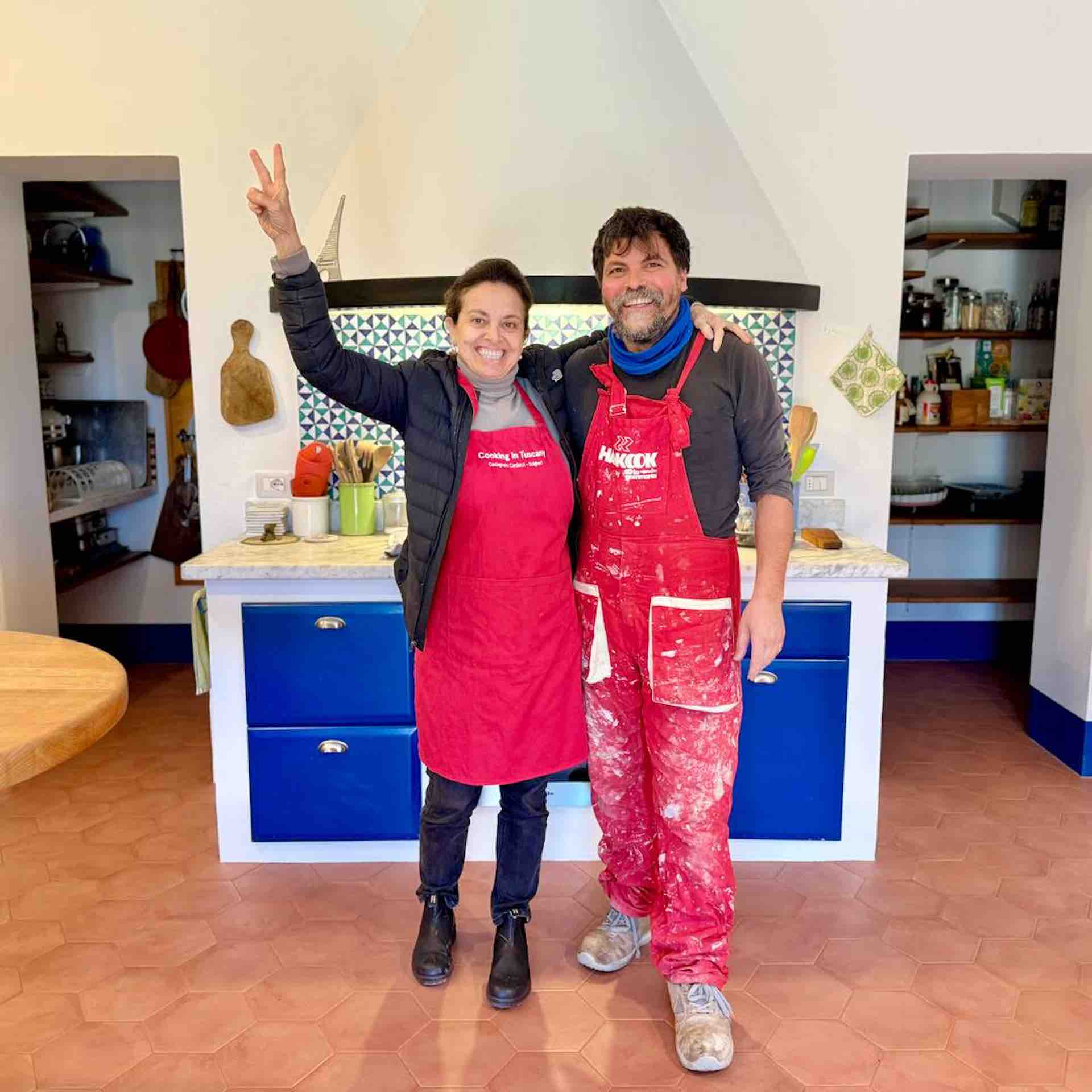 Chicca in her kitchen Kitchen under renovation in TUscany Italy