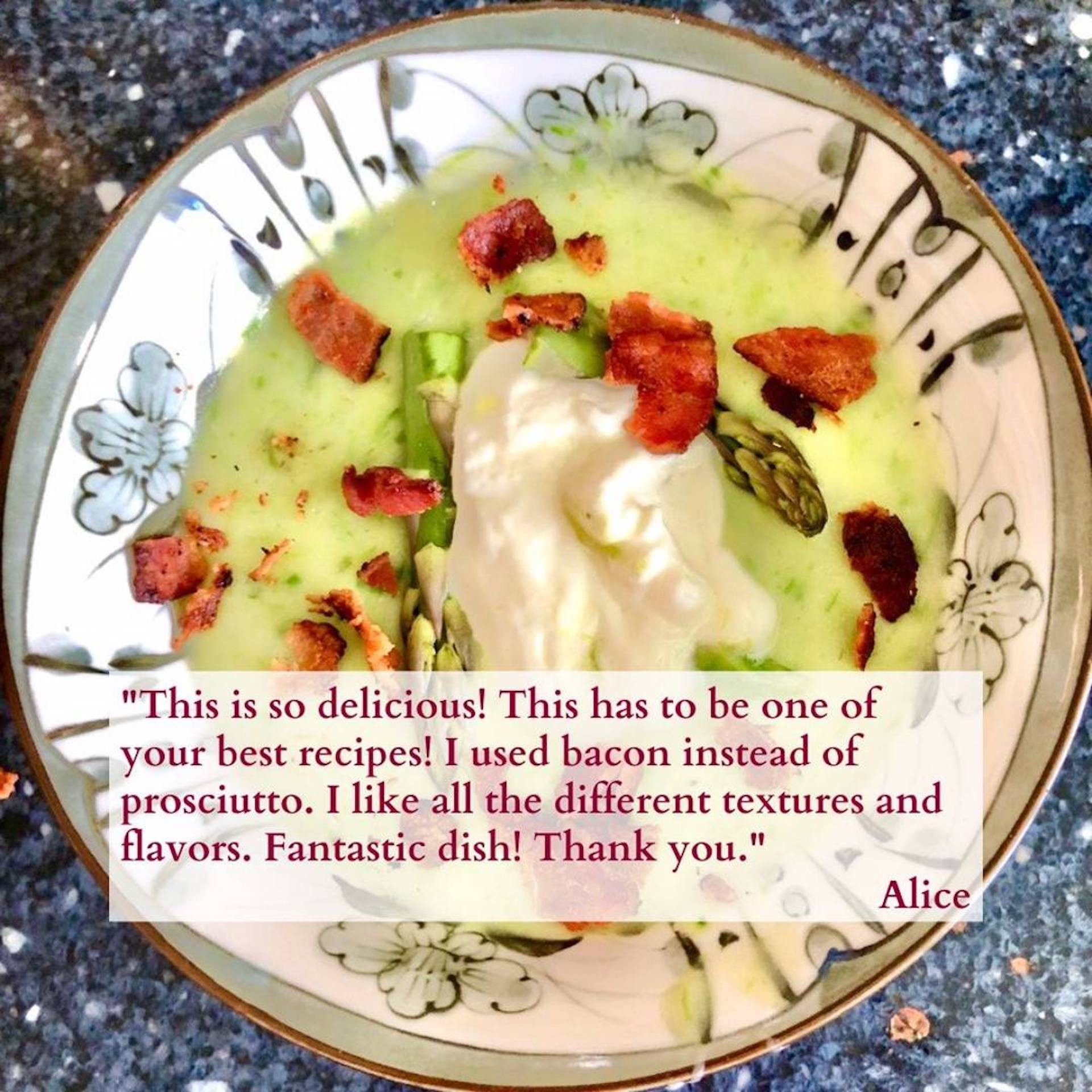 Homemade asparagus soup dishes from Cooking Club members, each garnished and paired with personal recipe notes.