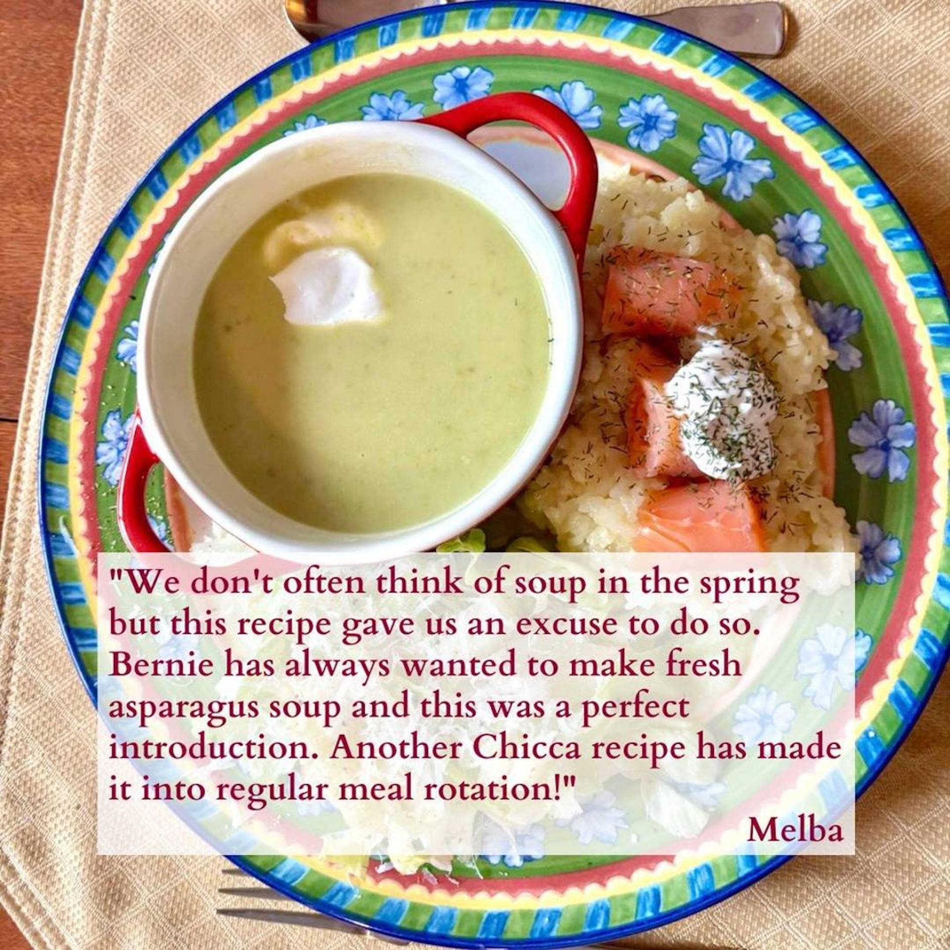 Homemade asparagus soup dishes from Cooking Club members, each garnished and paired with personal recipe notes.