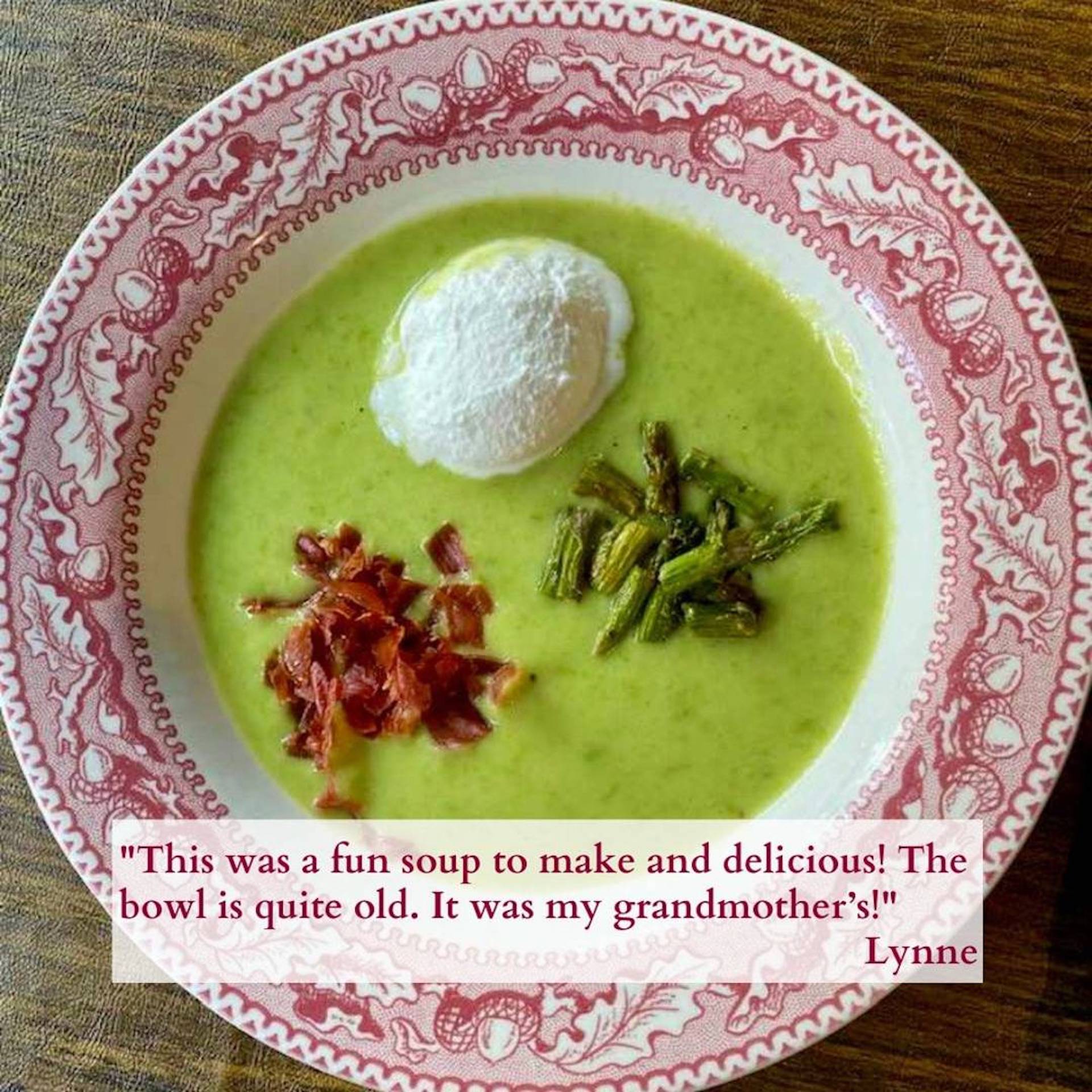 Homemade asparagus soup dishes from Cooking Club members, each garnished and paired with personal recipe notes.