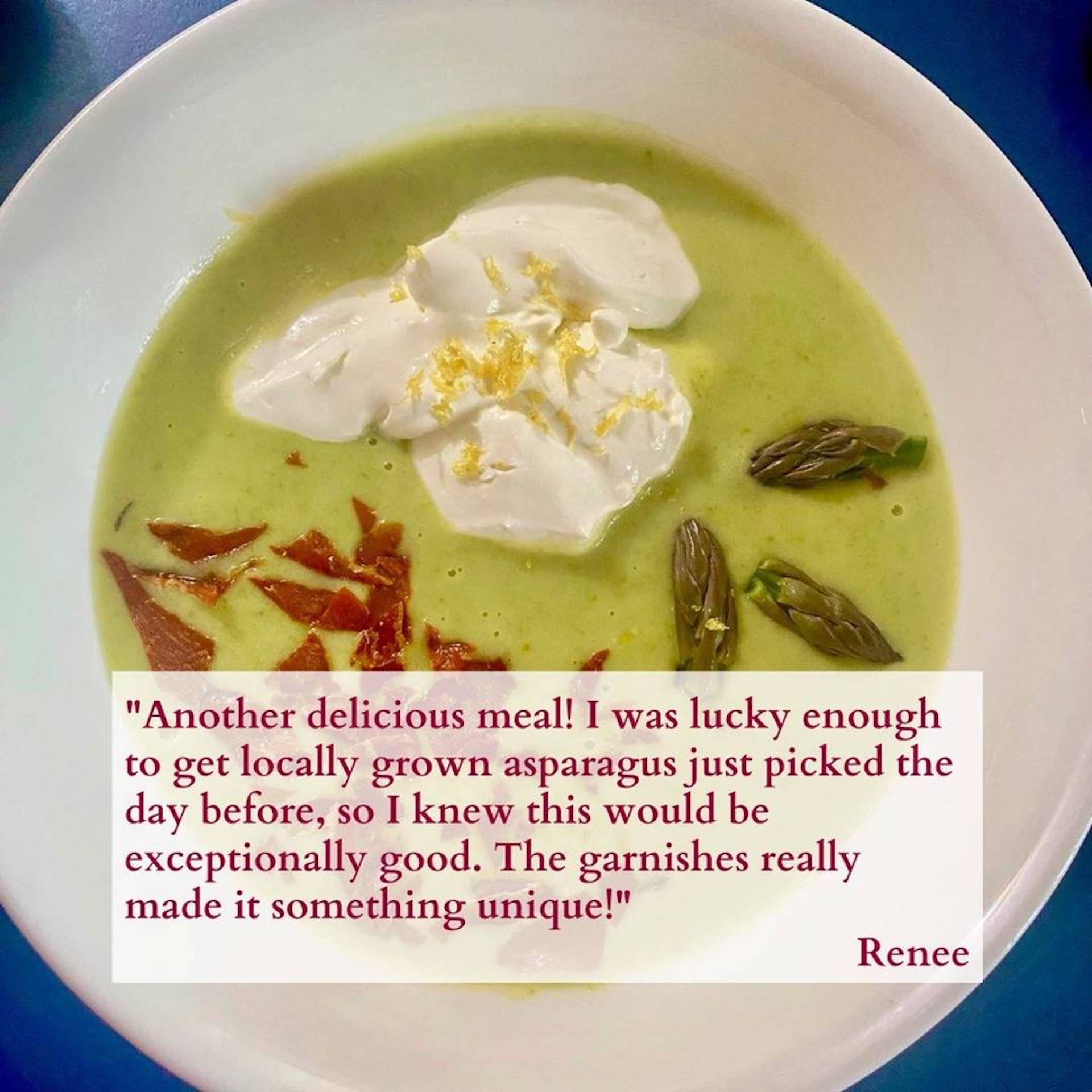 Homemade asparagus soup dishes from Cooking Club members, each garnished and paired with personal recipe notes.
