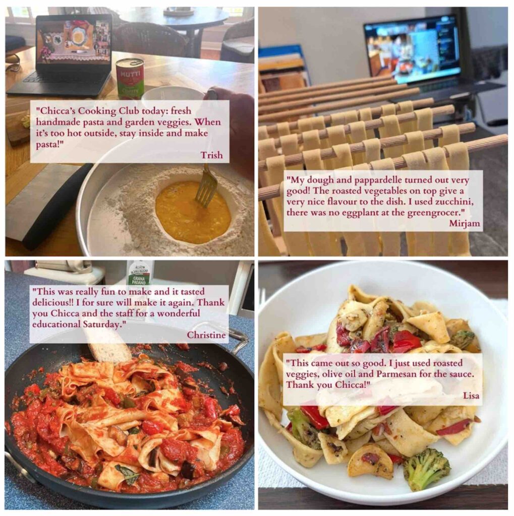 Collage of four photos from Cooking Club members making handmade pasta at home, each with a testimonial quote