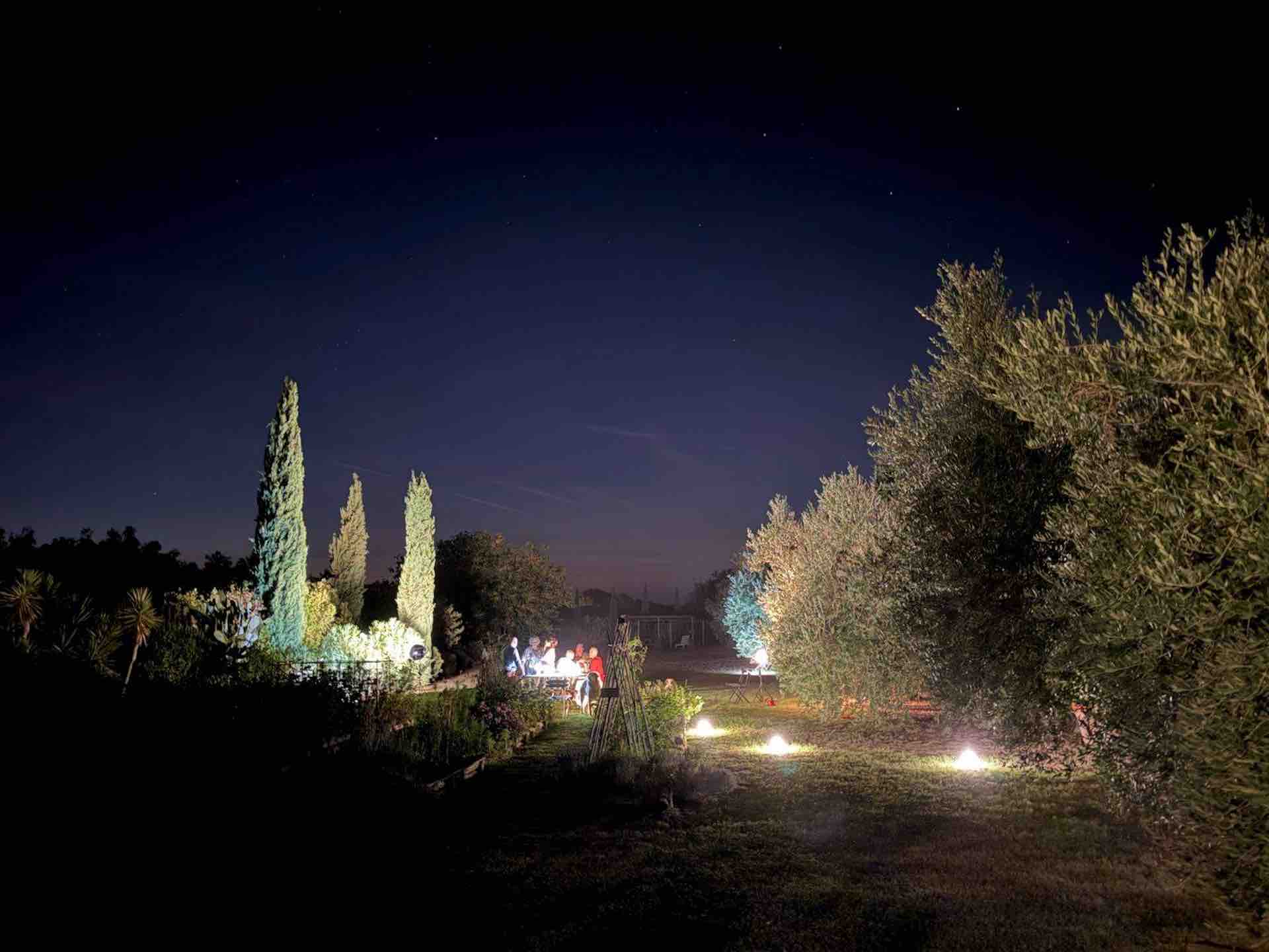 Nighttime view of a lit vegetable garden with cypress and olive trees, and a dinner table with guests glowing in the distance